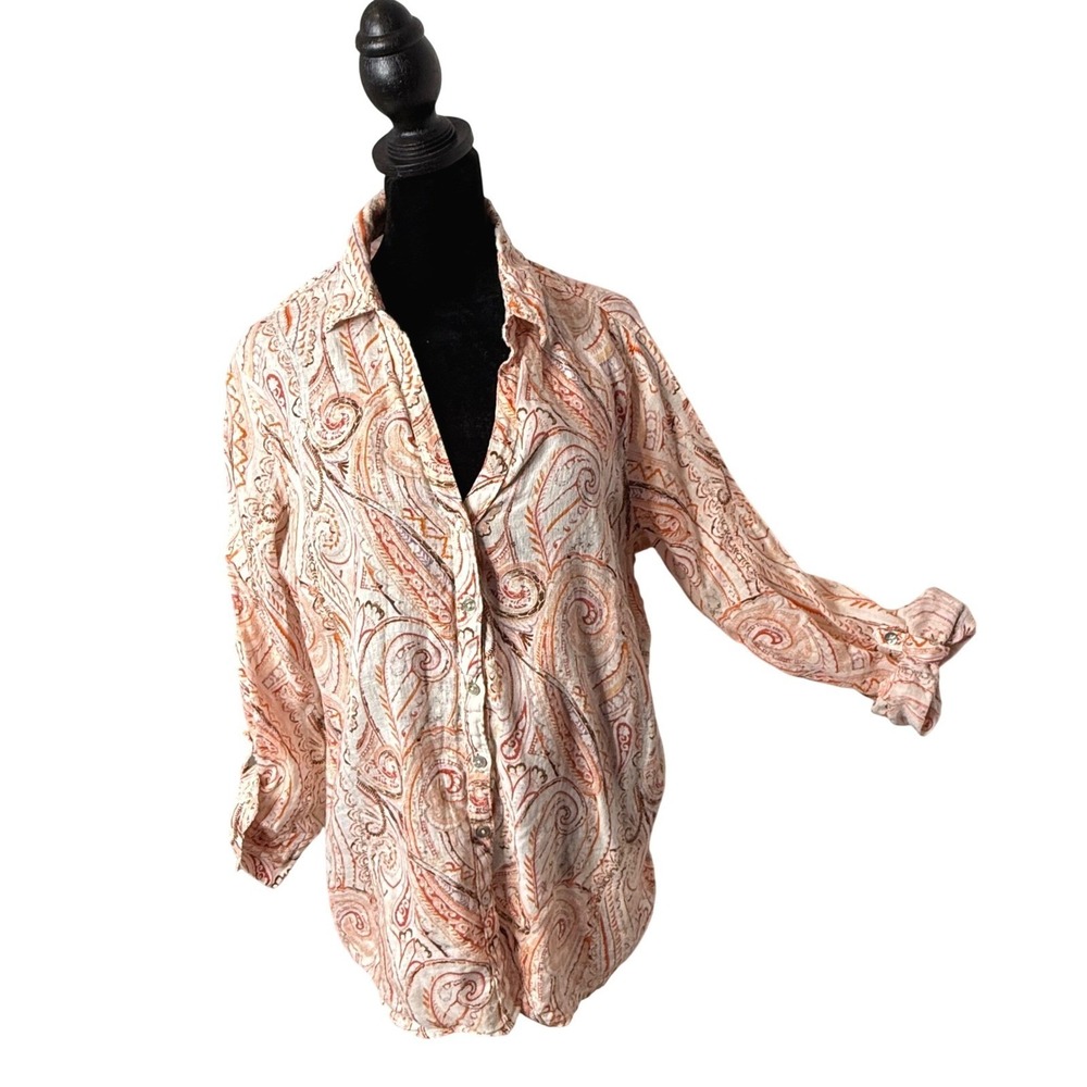 Rachel Zoe BOHO Resortwear Linen Paisley Button Down Top Roll Tab Women L Orange